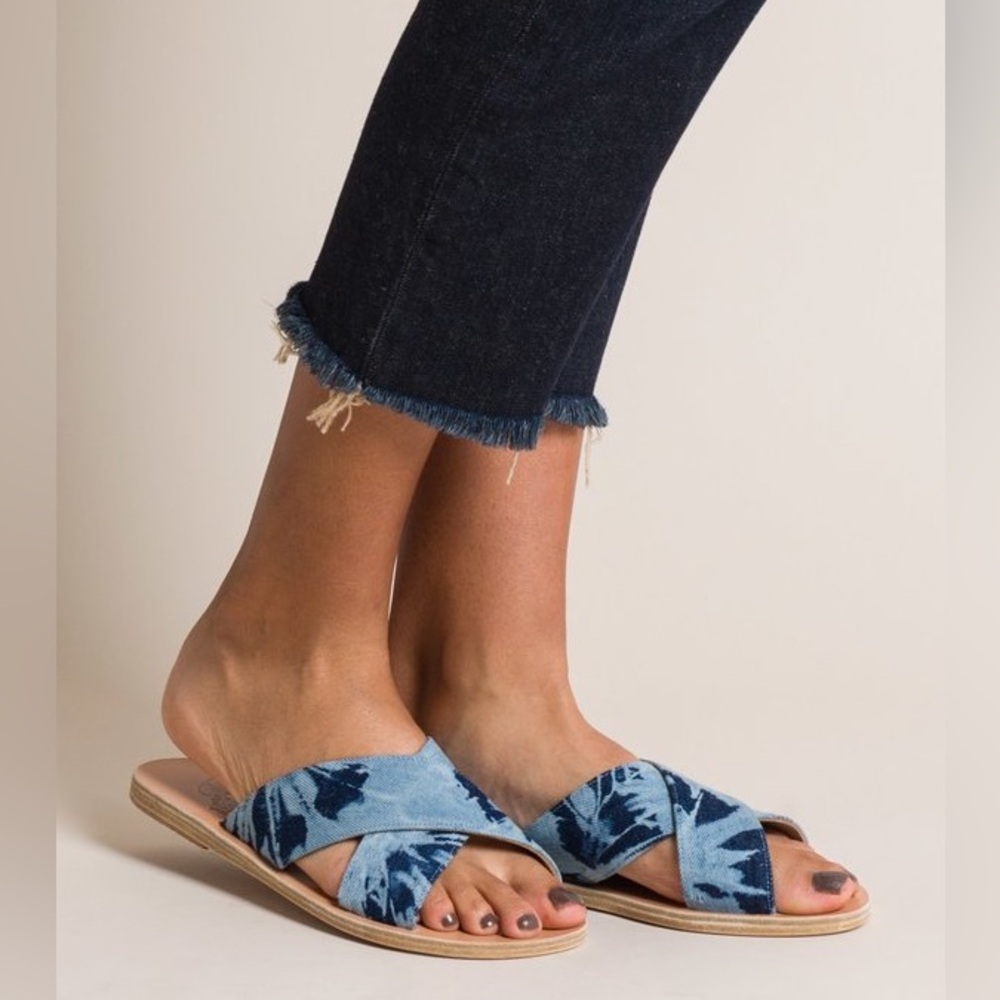 Ancient Greek Sandals Thais tie and dye blue leather canvas slides size 40 or 10